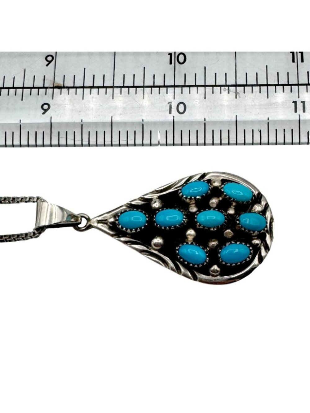 Vintage Sterling Silver Turquoise Teardrop Pendant Sawtooth Bezel Signed NG - Picture 4 of 15